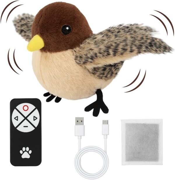Flying Bird Cat Toy (Not a Flying Bird) – Interactive Flappy Bird Toy for Indoor Cats, USB Rechargeable with Real Feathers, Chirping Sounds & Remote Control
